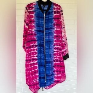 EUC THREAD STORY Vibrant Tie-Dye Long Zippered  Sheer Jacket Swim Cover Up Sz 1X